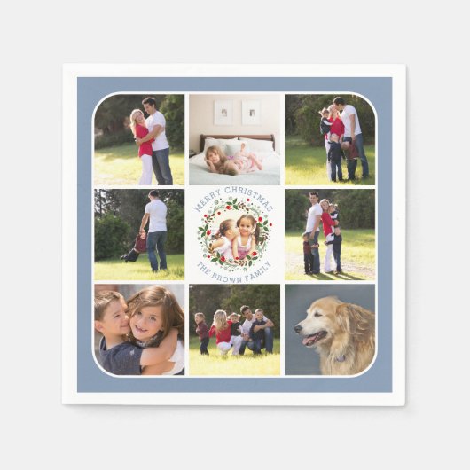 Weihnachtskranz, neun Fotos staubblau Serviette (Vorderseite)