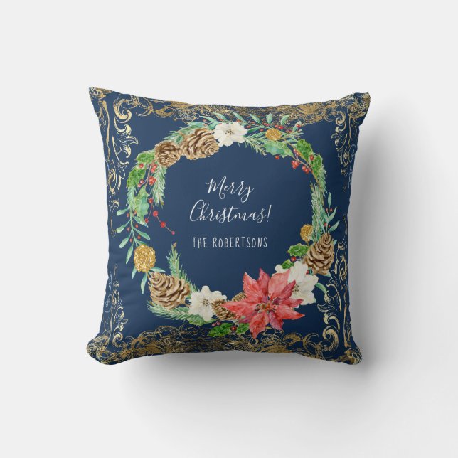 Weihnachtskranz Pine Cone Navy Gold Wirbel Kissen (Vorderseite)