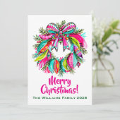 Weihnachtskranz Pink Boho Feiertagskarte (Stehend Vorderseite)