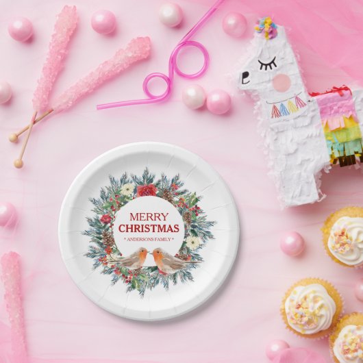 Weihnachtskranz, Robin Vögel Frohe Weihnachtsschri Pappteller (Party)