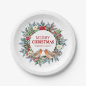 Weihnachtskranz, Robin Vögel Frohe Weihnachtsschri Pappteller (Vorderseite)