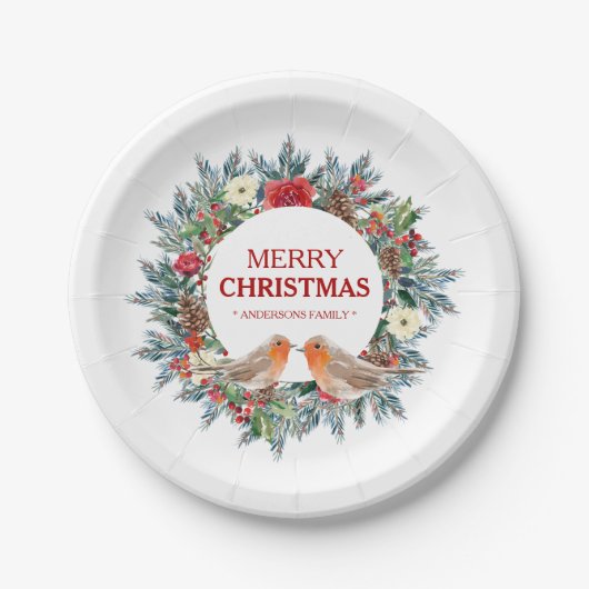 Weihnachtskranz, Robin Vögel Frohe Weihnachtsschri Pappteller (Vorderseite)