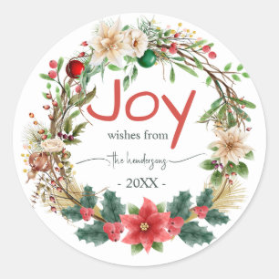 Weihnachtskranz Rot Freude Rustikale Typografie Na Runder Aufkleber