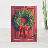 Weihnachtskranz rote Tür Aquarell Feiertagskarte (Vorderseite)