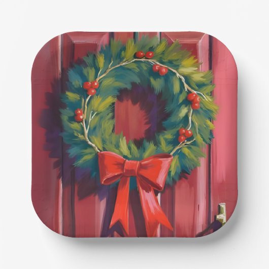 Weihnachtskranz rote Tür Aquarell Pappteller (Vorderseite)