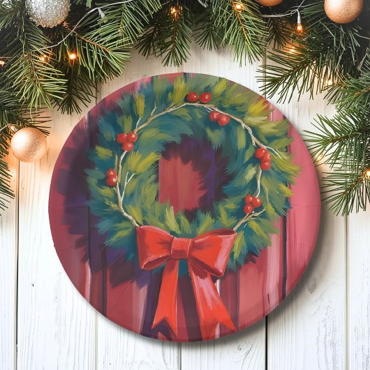 Weihnachtskranz rote Tür Aquarell Pappteller
