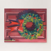 Weihnachtskranz rote Tür Aquarell Puzzle (Horizontal)