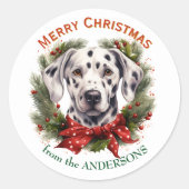 Weihnachtskranz roter Bogen Dalmatiner Hund Runder Aufkleber (Vorderseite)