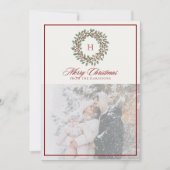 Weihnachtskranz, Roter Rahmen, Monogramm-Foto Feiertagskarte (Vorderseite)