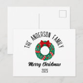 Weihnachtskranz rotes Band Lichter personalisierte Feiertagspostkarte (Vorne/Hinten)