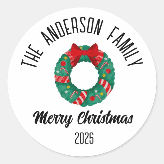 Weihnachtskranz rotes Band Lichter personalisierte Runder Aufkleber (Vorderseite)