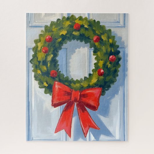 Weihnachtskranz rotes Band weiße Wasserfarbe Puzzle (Vertikal)