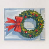 Weihnachtskranz rotes Band weiße Wasserfarbe Puzzle (Horizontal)
