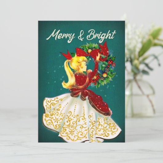 Weihnachtskranz Rotgold Glitzer Mädchen Dankeskarte (Stehend Vorderseite)