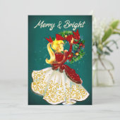 Weihnachtskranz Rotgold Glitzer Mädchen Einladung (Stehend Vorderseite)