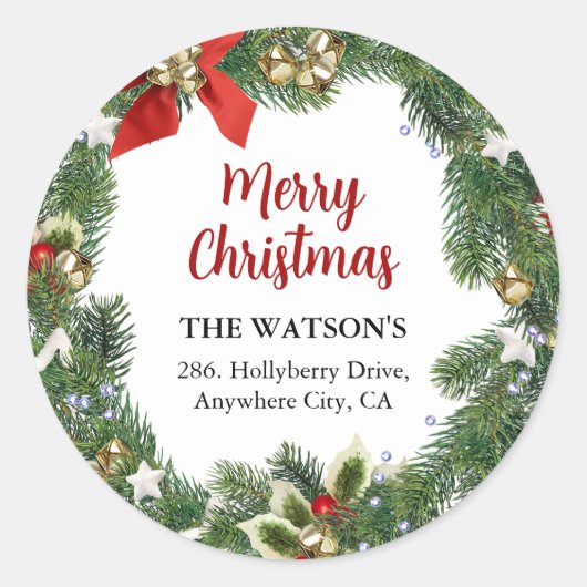 Weihnachtskranz-Rücksendeadresse Runder Aufkleber (Vorderseite)