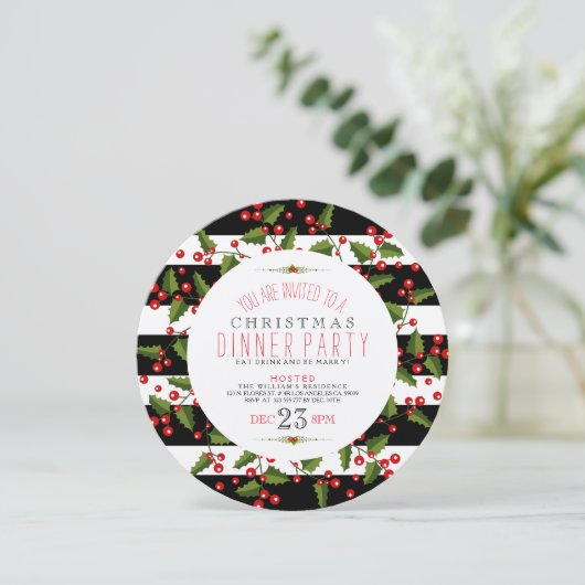 Weihnachtskranz & Streifen Diner Einladung (Stehend Vorderseite)