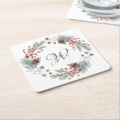 Weihnachtskranz Tannenbeere Schneeflocken Monogram Rechteckiger Pappuntersetzer (angewinkelt)