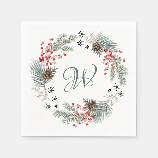 Weihnachtskranz Tannenbeere Schneeflocken Monogram Serviette (Vorderseite)