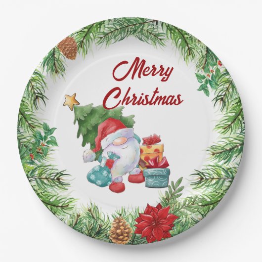 Weihnachtskranz und Gnom  Pappteller (Vorderseite)