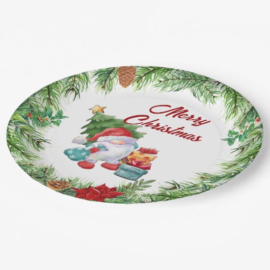 Weihnachtskranz und Gnome Pappteller (Schrägansicht)