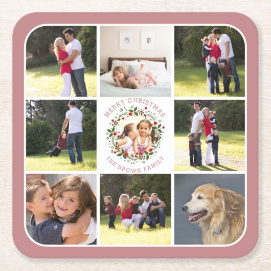 Weihnachtskranz und neun Fotos staubige Rose rosa Rechteckiger Pappuntersetzer (Vorderseite)