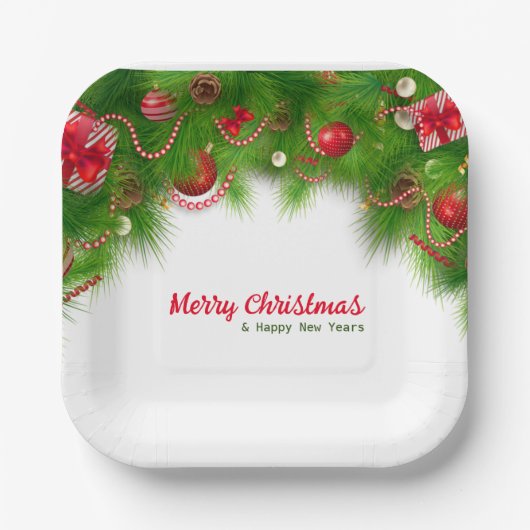 Weihnachtskranz und Rote Bulben und Geschenke Pappteller (Vorderseite)