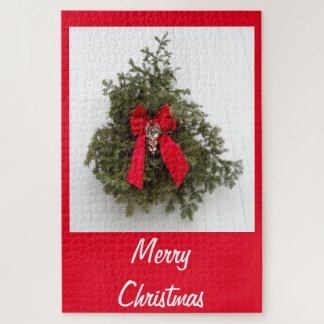 Weihnachtskranz und Roter Bogen zu Weihnachten Puzzle
