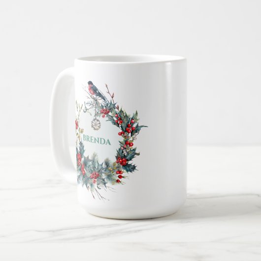 Weihnachtskranz und Roter Robin mit Monogramm Kaffeetasse (Vorderseite Links)