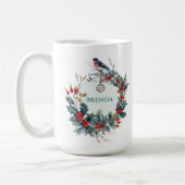 Weihnachtskranz und Roter Robin mit Monogramm Kaffeetasse (Links)