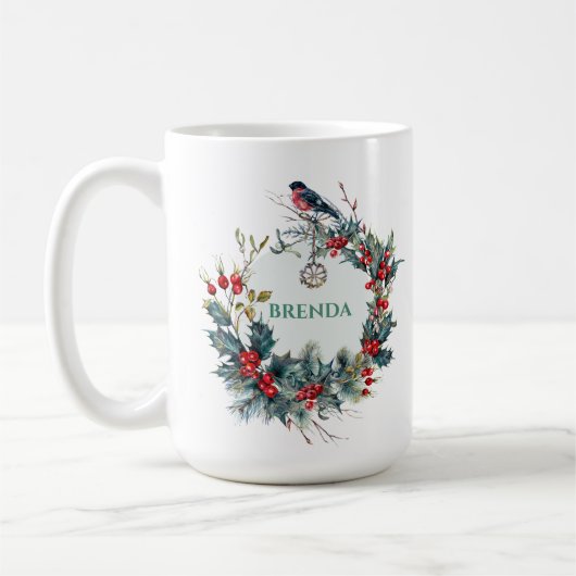 Weihnachtskranz und Roter Robin mit Monogramm Kaffeetasse (Links)