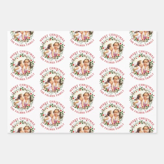 Weihnachtskranz und Rotes Weihnachtsfest Foto Geschenkpapier Set (Vorderseite)