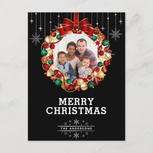 Weihnachtskranz und Schneeflocken-Foto Feiertagspostkarte