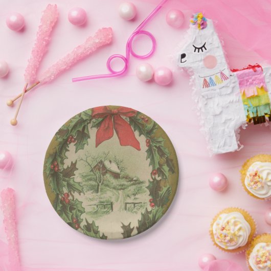 Weihnachtskranz und Winterhütte Pappteller (Party)