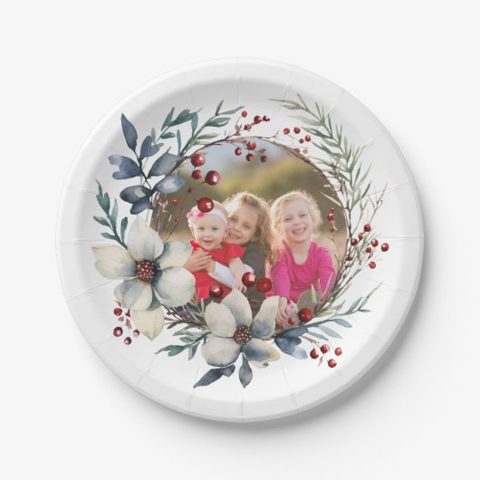 Weihnachtskranz, weiße Blume, Foto mit roten Beere Pappteller (Vorderseite)