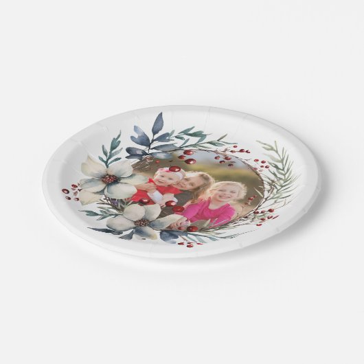 Weihnachtskranz, weiße Blume, Foto mit roten Beere Pappteller