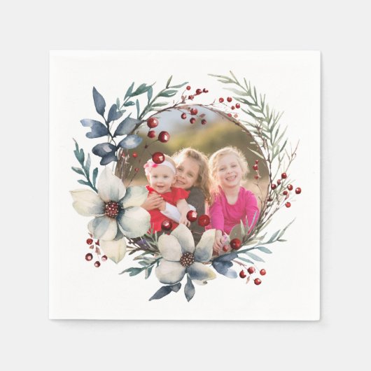 Weihnachtskranz, weiße Blume, Foto mit roten Beere Serviette (Vorderseite)