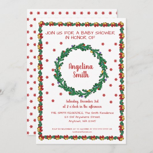 Weihnachtskränze & Garland Babydusche Einladung (Vorne/Hinten)