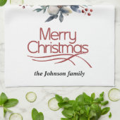 Weihnachtskränze, weiße Blume, rote Beeren Freude Geschirrtuch (Gefaltet)