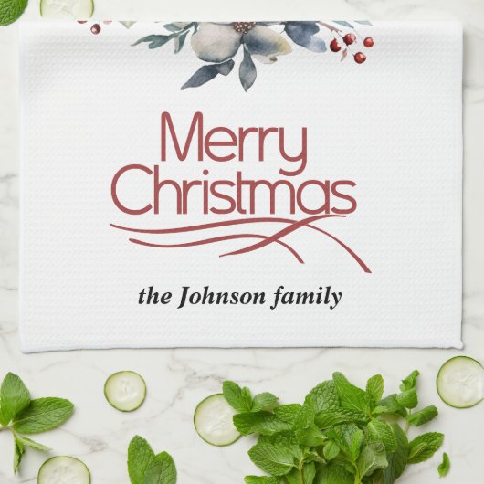 Weihnachtskränze, weiße Blume, rote Beeren Freude Geschirrtuch (Gefaltet)