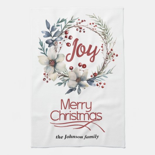 Weihnachtskränze, weiße Blume, rote Beeren Freude Geschirrtuch (Vertikal)