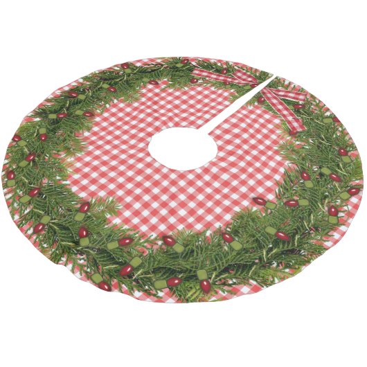 Weihnachtskrieg auf Gingham Polyester Weihnachtsbaumdecke (Schrägansicht)