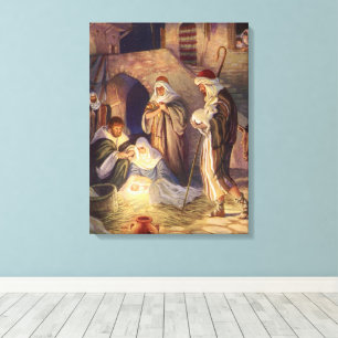 Weihnachtskrippe, 3 Hirten und Jesus Leinwanddruck