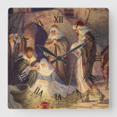 Weihnachtskrippe, 3 Hirten und Jesus Quadratische Wanduhr (Vorderseite)