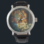 Weihnachtskrippe, Baby Jesus in Gefahr Armbanduhr<br><div class="desc">Vintage Illustration religiöses Weihnachtsdesign mit klassischer Krippe. Eine Christliche religiöse Familienszene mit Maria,  Joseph und dem Säugling Jesus Christus im Ranger mit Lamm und Schafen. Bethlehem.</div>