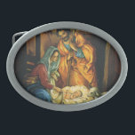 Weihnachtskrippe, Baby Jesus in Gefahr Ovale Gürtelschnalle<br><div class="desc">Vintage Illustration religiöses Weihnachtsdesign mit klassischer Krippe. Eine Christliche religiöse Familienszene mit Maria,  Joseph und dem Säugling Jesus Christus im Ranger mit Lamm und Schafen. Bethlehem.</div>