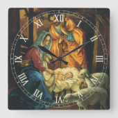 Weihnachtskrippe, Baby Jesus in Gefahr Quadratische Wanduhr (Vorderseite)