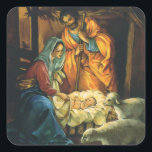 Weihnachtskrippe, Baby Jesus in Gefahr Quadratischer Aufkleber<br><div class="desc">Vintage Illustration religiöses Weihnachtsdesign mit klassischer Krippe. Eine Christliche religiöse Familienszene mit Maria,  Joseph und dem Säugling Jesus Christus im Ranger mit Lamm und Schafen. Bethlehem.</div>