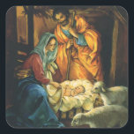 Weihnachtskrippe, Baby Jesus in Gefahr Quadratischer Aufkleber<br><div class="desc">Vintage Illustration religiöses Weihnachtsdesign mit klassischer Krippe. Eine Christliche religiöse Familienszene mit Maria,  Joseph und dem Säugling Jesus Christus im Ranger mit Lamm und Schafen. Bethlehem.</div>