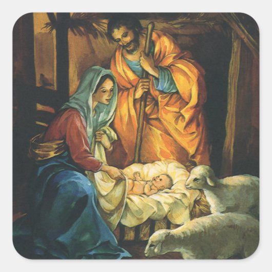 Weihnachtskrippe, Baby Jesus in Gefahr Quadratischer Aufkleber (Vorderseite)